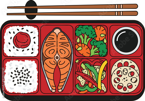 Japanese bento box with grilled salmon and rice, flat vector illustration of traditional lunch set with broccoli, carrots, lotus root, soy sauce and chopsticks isolated on white background.