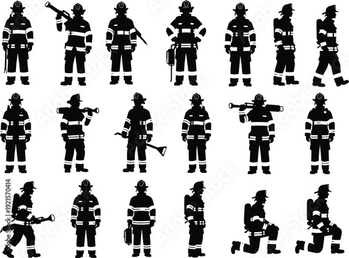 Firefighter silhouettes set, fireman in uniform with equipment hose and axe isolated on white background black vector illustration collection