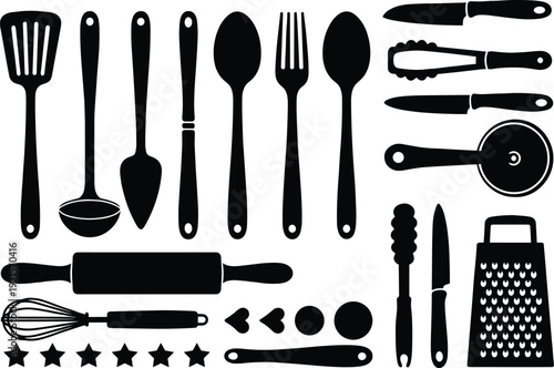 Kitchen utensils silhouette collection, black cooking tools set with spatula whisk knife grater rolling pin isolated on white background vector