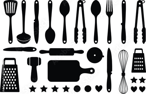 Kitchen utensils silhouette set, black cooking tools icons collection with spatula whisk knife grater rolling pin isolated on white background vector