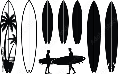 Surfboard silhouettes set, black longboard and shortboard collection with surfers and tropical palm design isolated on white background vector illustration