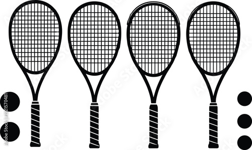 Tennis racket and ball set, black silhouette sports equipment collection with racquets and tennis balls isolated on white background vector