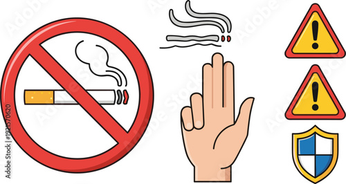 No smoking and safety warning icons set, flat vector illustrations with stop smoking sign, warning triangle, hand gesture and protection shield isolated on white background.