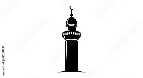 Islamic Minaret Silhouette with Crescent Moon.