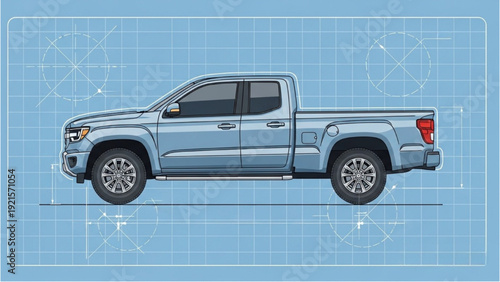 Detailed vehicle autocad blueprint design of a modern pickup truck in a technical drawing format