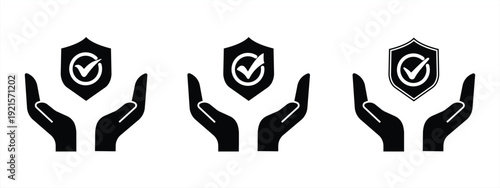 Three hands holding a shield with a check mark, symbolizing protection, security, and guaranteed quality. Vector illustration