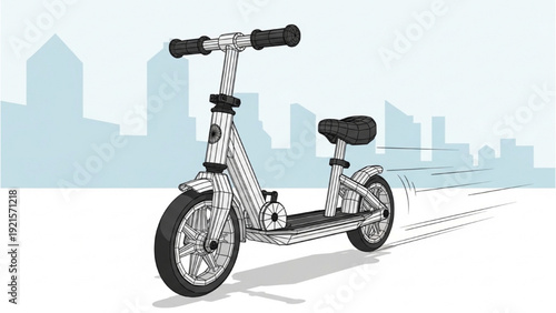 Detailed vehicle autocad blueprint of a scooter in a cityscape environment from a side viewpoint