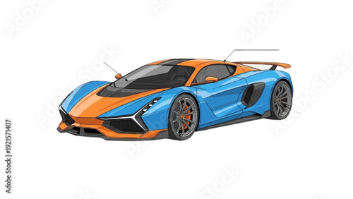 Detailed vehicle autocad blueprint of a sleek blue sports car with vibrant orange accents on a plain background