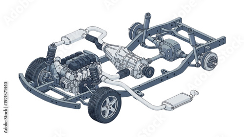 Detailed vehicle autocad blueprint showcasing mechanical components of a car chassis from an isometric viewpoint.