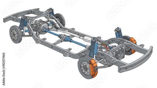 Detailed vehicle autocad blueprint of a chassis with suspension and steering components in a technical illustration from an isometric viewpoint