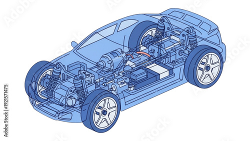 Detailed vehicle autocad blueprint illustration showing mechanical components and chassis design from an isometric viewpoint