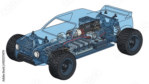 Detailed vehicle autocad blueprint illustration showcasing mechanical parts and chassis design in a technical isometric view