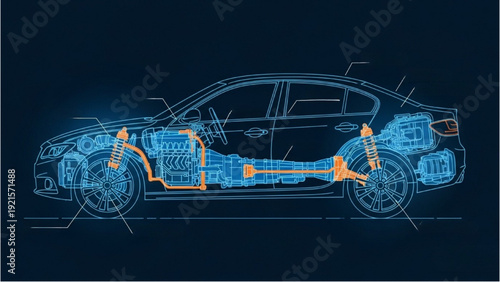 Detailed vehicle autocad blueprint illustration of a car with highlighted mechanical components and structural elements in a technical drawing style