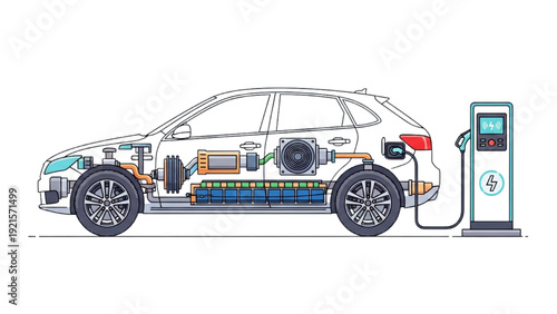 Detailed vehicle autocad blueprint illustration of an electric car charging at a station