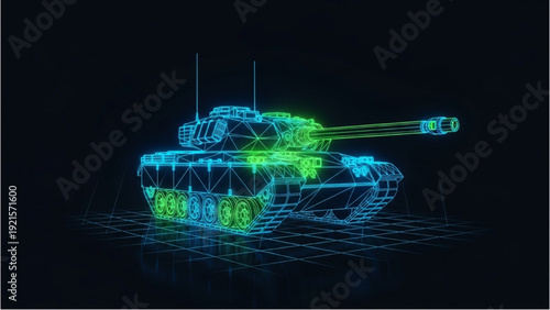 Detailed vehicle autocad blueprint of a futuristic tank on a digital grid with precise 3D modeling and neon lights