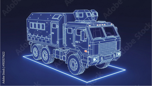 Detailed vehicle autocad blueprint of a futuristic truck rendered in 3D wireframe on a dark background from a high angle viewpoint