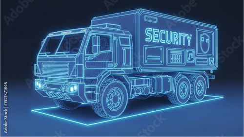 Detailed vehicle autocad blueprint of a security truck in a dark environment viewed from the side