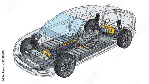 Detailed vehicle autocad blueprint illustration showing internal components and structure of a modern electric car in a technical isometric view