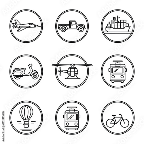 Transportation Icon Set: A comprehensive collection of iconic transportation symbols, meticulously crafted to represent diverse modes of travel. Each icon, encapsulated within a neat circle.