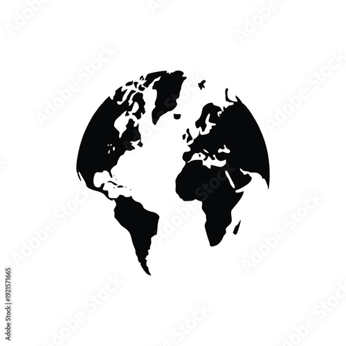Black and White World Map Globe Silhouette Icon Isolated on White Background