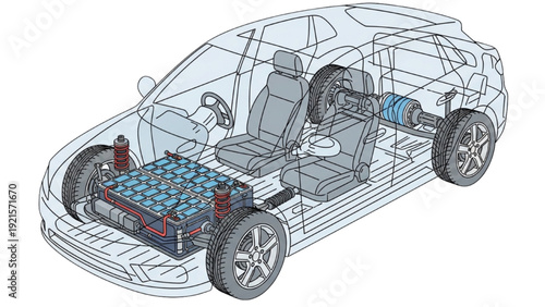 Detailed vehicle autocad blueprint showcasing electric car components and transparent chassis view