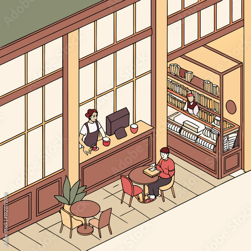 A man sitting at a table in a cafe with a woman behind the counter