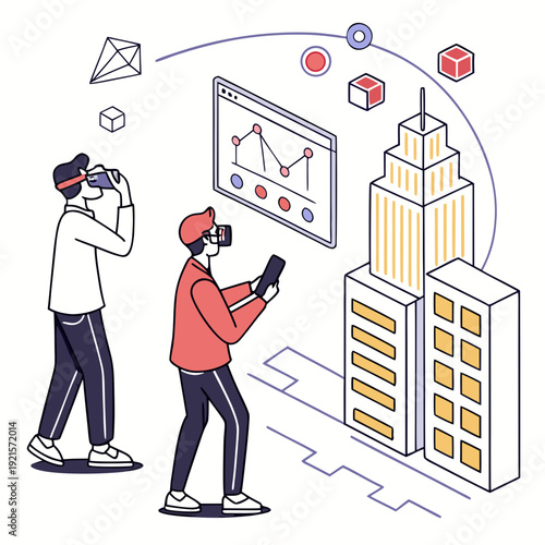 Two people wearing vr headsets interacting with a virtual building and graph