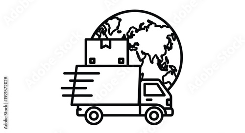 Delivery truck transporting packages around the world simple line art icon