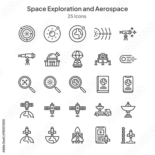 space exploration and aerospace icons collection