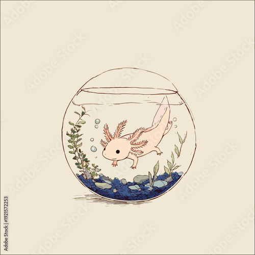 Cute Axolotl Swimming in Glass Fishbowl