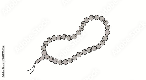 A minimalist illustration of a rosary with gray beads on a white background