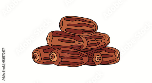 A pile of six brown dates with visible lines and a white background