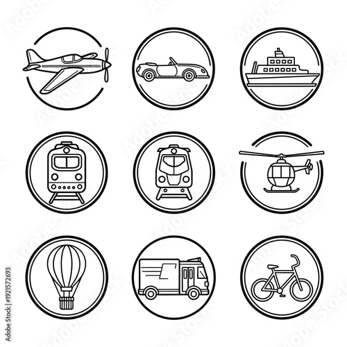 Transportation Icons: A collection of diverse transportation icons, neatly arranged within circular frames, represents different modes of travel, symbolizing mobility.