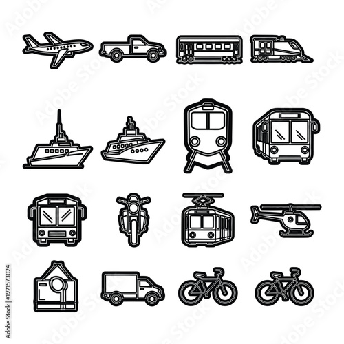Transport Icons Array: A comprehensive collection of iconic representations of various transportation means, designed with simplicity and clarity.