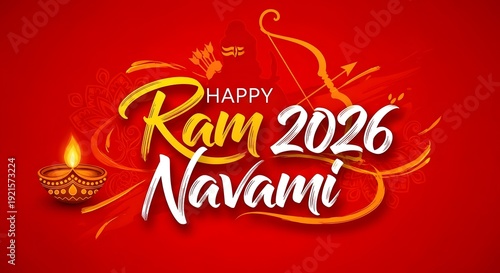 Happy ram navami 2026 greeting card with diya and bow illustration