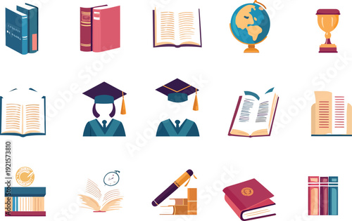 Colorful education and graduation icons collection for academic and learning themes