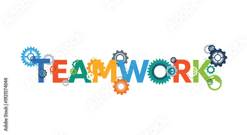 Dynamic representation of collaborative synergy through colorful mechanical gears intricately spelling out the essential concept of teamwork on a