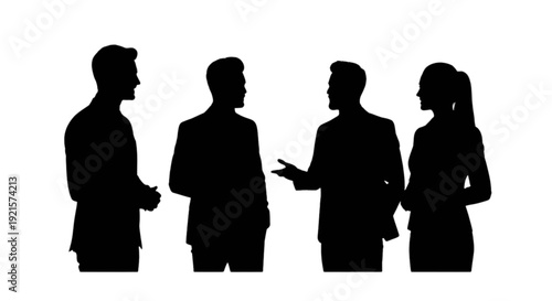 Silhouettes of four people engaged in a conversation against a white background