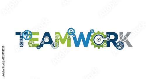 Synergistic conceptual graphic illustrating teamwork through mechanical typography and dynamic gear arrangements fostering collective success and