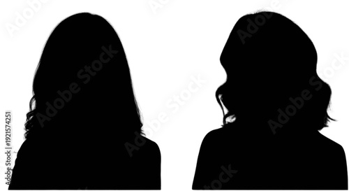 Silhouettes of two individuals with long hair against a white background