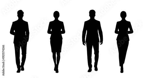 Silhouettes of four individuals walking in a straight line against a white background
