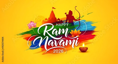 Happy ram navami 2026 greeting card with lord rama silhouette and colorful brush strokes