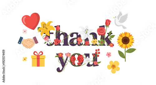 Vibrant floral thank you message with symbols of appreciation, peace, and generosity beautifully arranged for a heartfelt expression of sincere thanks