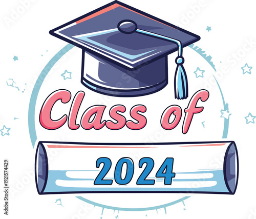 Colorful graduation cap and diploma design for class of twenty twentyfour celebration