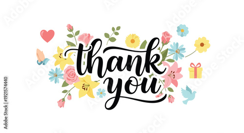 Elegant thank you message adorned with vibrant pastel blossoms, a heartfelt symbol of profound appreciation, featuring a gentle dove, praying hands,