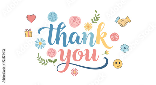 Vibrant 'thank you' message with playful script, adorned by pastel flowers and symbols of gratitude.