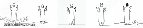 Line art of a Muslim man standing praying gesture in Ramadan back view