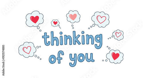 A heartwarming whimsical illustration featuring cheerful blue text expressing affection surrounded by multiple thought bubbles holding red and pink