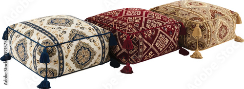 Set of three traditional patterned poufs for home decor illustration vector graphic