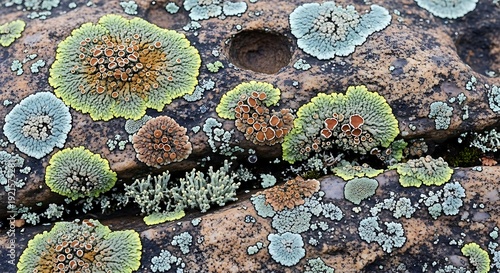 Weathered rock surface with lichen patches in muted earth tones